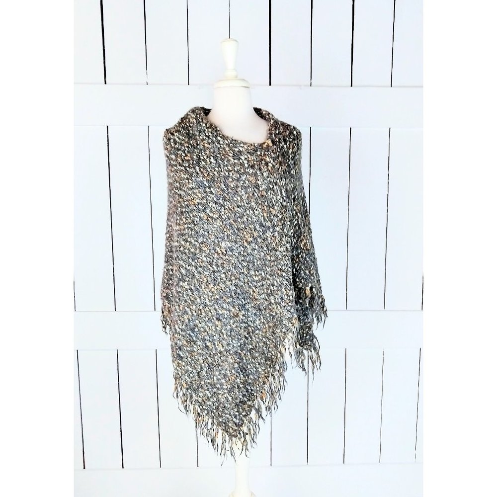 90s vintage nubby crochet knit fringe tassel poncho pullover cover up